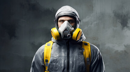 Man in gas mask on grey background. Concept of danger and pollution
