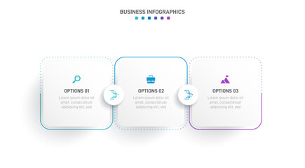 Timeline infographic with infochart. Modern presentation template with 3 spets for business process. Website template on white background for concept modern design. Horizontal layout.