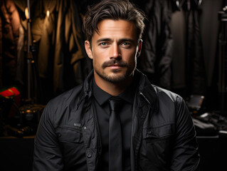 Obraz premium In high resolution, a portrait photo captures a photographer with camera and lighting equipment amidst a photography studio setup. The image embodies the photography aesthetics and creative 