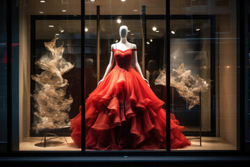 Elegant evening dress in a shop window in a shopping mall