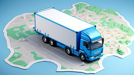 Gps tracking from top view moving truck with container on a map