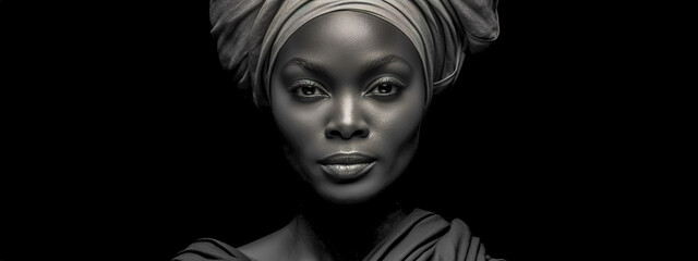 monochrome portrait of an elegant woman with dark skin on a black background, banner