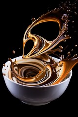 An abstract macro shot of coffee swirls as milk is poured into a black coffee, capturing the beautiful dance of the two liquids merging