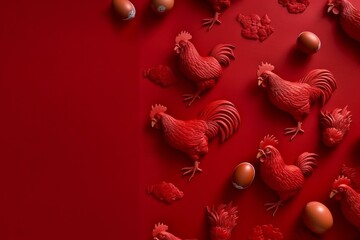 Red backdrop adorned with chicken design. Food concept. Generative AI