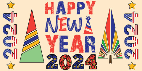 Happy New Year Season US 2024 New Year with American Flags and Colors Banner, Best Background for 2024 New Year Cover with Design Elements and Abstract Geometric shapes