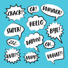 Comic speech bubbles with handwritten text. Outline, hand drawn retro cartoon stickers on blue background. Chatting and communication, dialog elements. Pop art style. Vector illustration