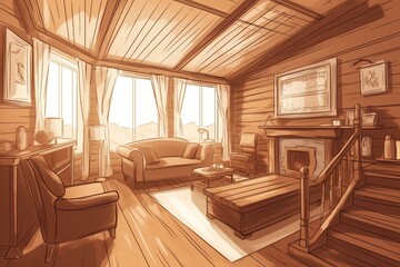 Obraz na płótnie Canvas Illustration of a warm and inviting living room with a cozy wooden chalet style interior design. Generative AI