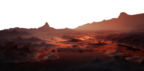 mars hot flaming surface. alien planet landscape. science fiction fantasy terrain. Transparent PNG background. foggy, misty.