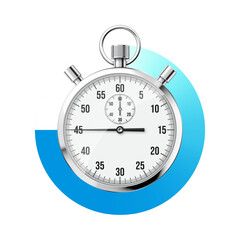 Realistic classic stopwatch. Shiny metal chronometer, time counter with dial. Blue countdown timer showing minutes and seconds. Time measurement for sport, start and finish. Vector illustration