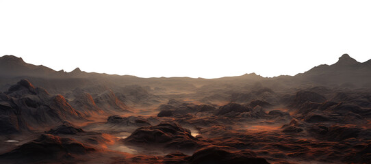 brown rocky mars surface. alien planet landscape. science fiction fantasy terrain. Transparent PNG background. foggy, misty.