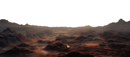 brown rocky mars surface. alien planet landscape. science fiction fantasy terrain. Transparent PNG background. foggy, misty.