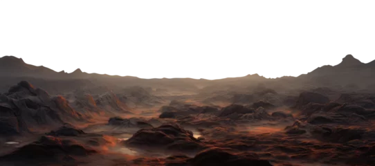 Fotobehang brown rocky mars surface. alien planet landscape. science fiction fantasy terrain. Transparent PNG background. foggy, misty. © ana