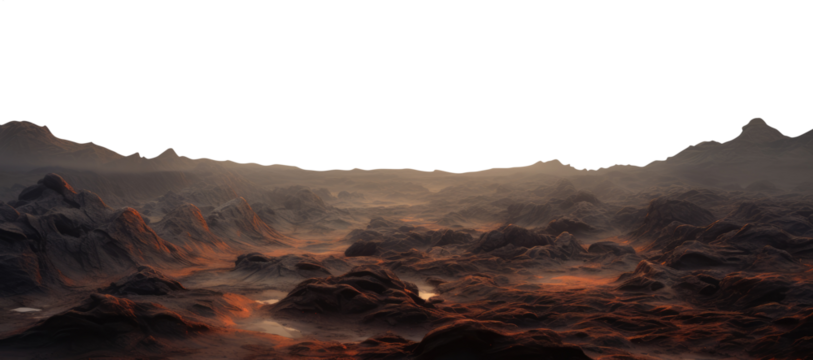 brown rocky mars surface. alien planet landscape. science fiction fantasy terrain. Transparent PNG background. foggy, misty. - Powered by Adobe