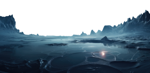a frozen alien planet landscape. transparent PNG background. fantasy landscape.