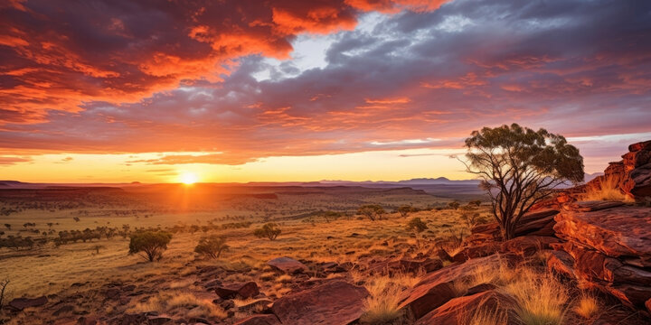 Outback sunset landscape. Australia outback plains. 