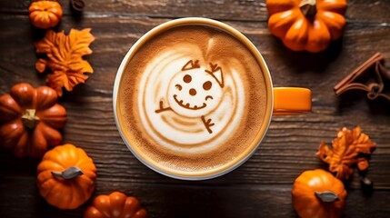 Halloween coffee. Cup of coffee with whipped cream and halloween pumpkin decoration on wooden background	