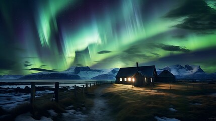 Aurora borealis northern lights over a wooden house in Iceland