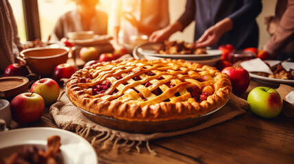 Thanksgiving family dinner. Traditional apple pie and vegan meal close up, with blurred happy people around the table celebrating the holiday. Togetherness with family.