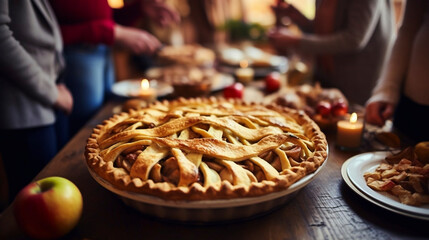 Thanksgiving family dinner. Traditional apple pie and vegan meal close up, with blurred happy people around the table celebrating the holiday. Togetherness with family.