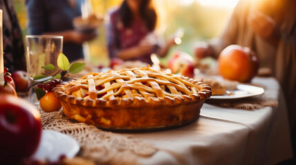 Thanksgiving family dinner. Traditional apple pie and vegan meal close up, with blurred happy people around the table celebrating the holiday. Togetherness with family. - obrazy, fototapety, plakaty