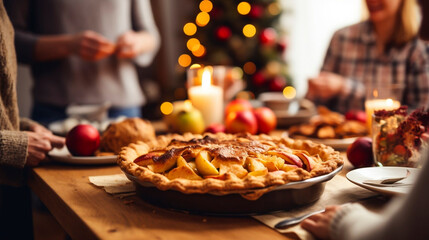 Thanksgiving family dinner. Traditional apple pie and vegan meal close up, with blurred happy people around the table celebrating the holiday. Togetherness with family. - obrazy, fototapety, plakaty