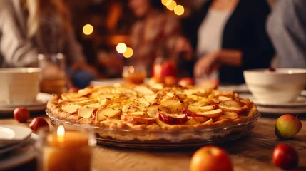 Tuinposter Thanksgiving family dinner. Traditional apple pie and vegan meal close up, with blurred happy people around the table celebrating the holiday. Togetherness with family. © Dirk