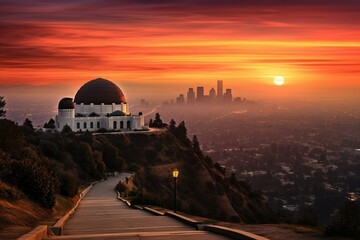 View of Griffith Observatory in Los Angeles during sunrise. Generative AI