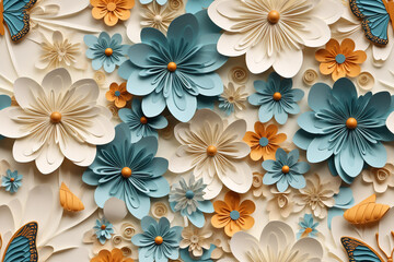 beautiful, full background, pretty, whimsical, paper flowers, 3D, paper pink flower, paper blue flower, paper teal flower, paper purple flower, bright, wonderland, 