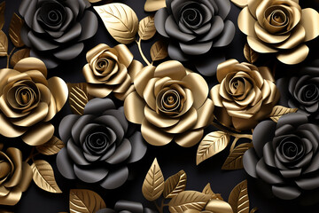 Golden and black flowers and leaves. roses, 3d render background, pattern