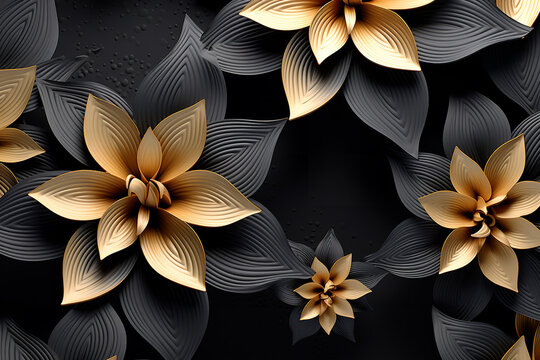Golden and black flowers and leaves. roses, 3d render background, pattern