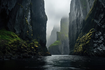 tall fjords. steep cliff. river, lake, creek. fantasy foggy, misty landscape. Kenai Fjords, south-central Alaska. - obrazy, fototapety, plakaty