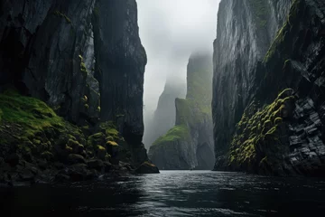 Zelfklevend Fotobehang Noord-Europa tall fjords. steep cliff. river, lake, creek. fantasy foggy, misty landscape. Kenai Fjords, south-central Alaska.