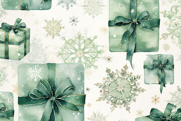 Stylized repeating motifs of snowflakes, evergreen wreaths, presents tied with ribbon in festive blended watercolor hues