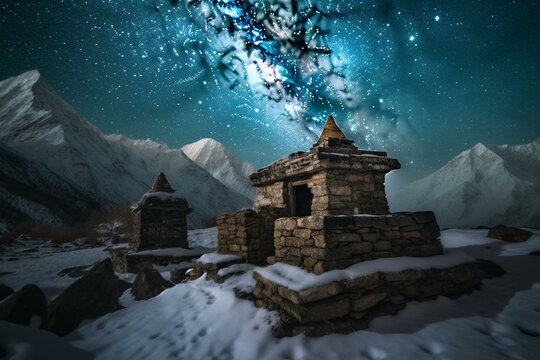 Image of ancient Hindu temple in snowy Himalayas under Milky Way. Generative AI