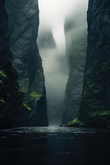 tall fjords. steep cliff. river, lake, creek. fantasy foggy, misty landscape. Misty Fjords, Alaska Panhandle. - obrazy, fototapety, plakaty
