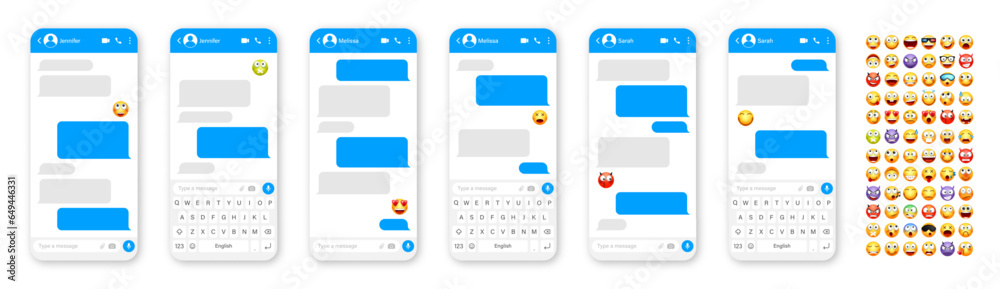 Wall mural smartphone messaging app, user interface design with emoji. sms text frame. chat screen with blue me