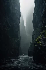 Gordijnen tall fjords. steep cliff. river, lake, creek. fantasy foggy, misty landscape. Milford Sound, new Zealand fjords.  © ana