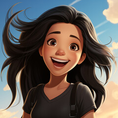 Caricatura de niña latina cabello negro con grandes ojos expresivos muy feliz y con un bello cielo azul y atardecer luminoso - obrazy, fototapety, plakaty