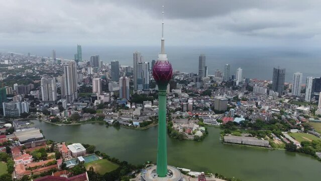 Aerial view of the main attraction, the Lotus Tower in the capital of Sri Lanka, Colombo. 