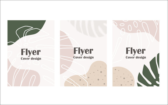 Set of creative template flyers, cards, posters with with plants. Beige, green and rose colors. Vector illustration.