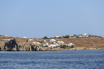 Mykonos, Greece - July 21, 2023: Villas and hotels along the shores of Mykonos Greece
