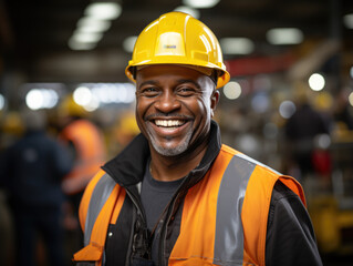 Smiling African American Industrial Specialist, Wearing Safety Uniform and Hard Hat, Uses Tablet Computer. Professional Heavy Industry Engineer Worker in Metal Construction Manufacture.
