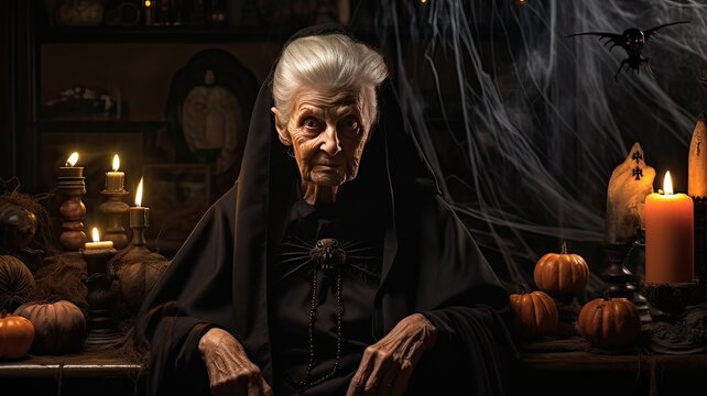 Portrait of a senior woman as a Halloween witch on dark background. Generative AI.