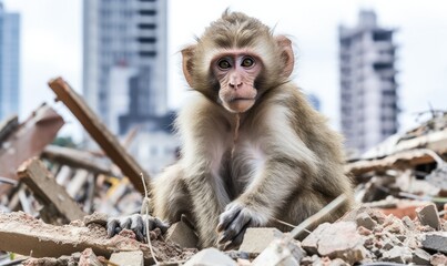Portrait of macaque monkey amidst pile of stones in ruins of house after an earthquake against backdrop of city. - obrazy, fototapety, plakaty