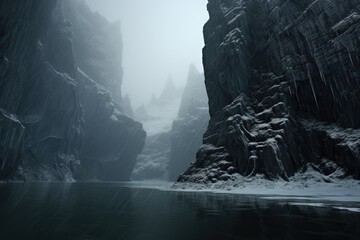 steep cliffs over a frozen lake. frozen shore. frozen ocean. ice fjords. frozen winter lake.