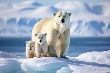 a polar bear and her cubs in the frozen expanse of the Arctic, framed by the distant backdrop of glaciers