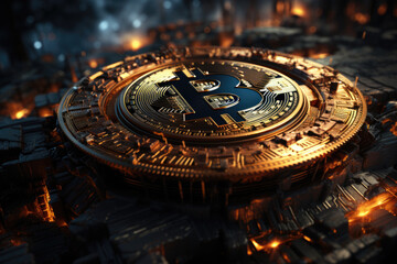 Fototapeta na wymiar Metallic mechanism with bitcoin logo in it