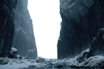 steep cliffs over a frozen lake. frozen shore. frozen ocean. ice fjords. transparent PNG background. winter lake.