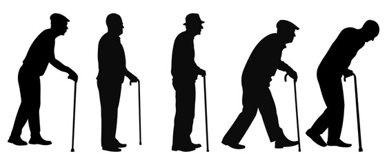 Silhouettes of elderly men with cane.Set of vector silhouettes isolated on white background.