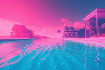 Blue and pink vaporwave swimming pool with relaxing water, representing vacation dreams and concept of time. Generative AI